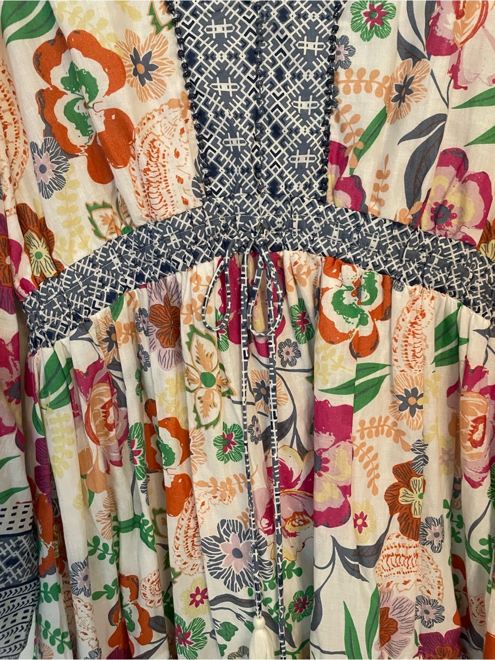 Kaktus Boho Floral Tiered Womens Dress with Blue Trim Size M V Neck Cottagecore - Picture 5 of 12